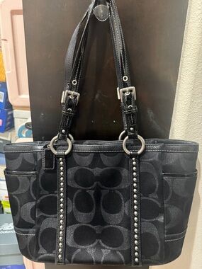 Coach Black Logo-Pattern Tote with Studded Straps